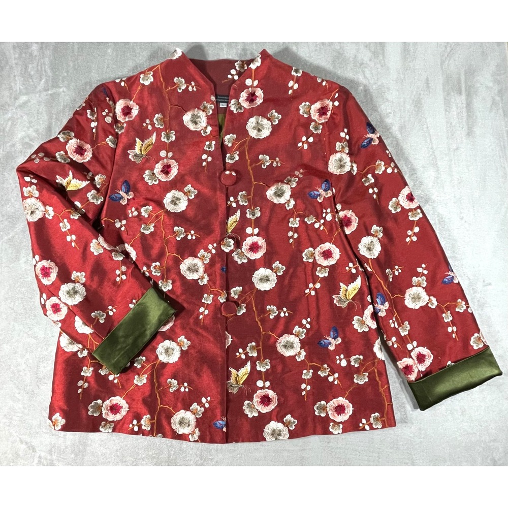Metropolitan Museum of Art Jacket Womens L Red Floral Embroidered Satin Button